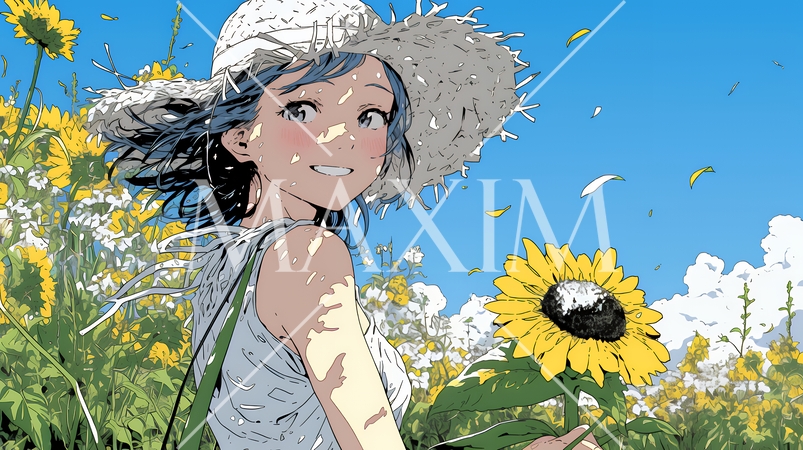 夏の晴天の日、ひまわりの畑を散策している若い女性