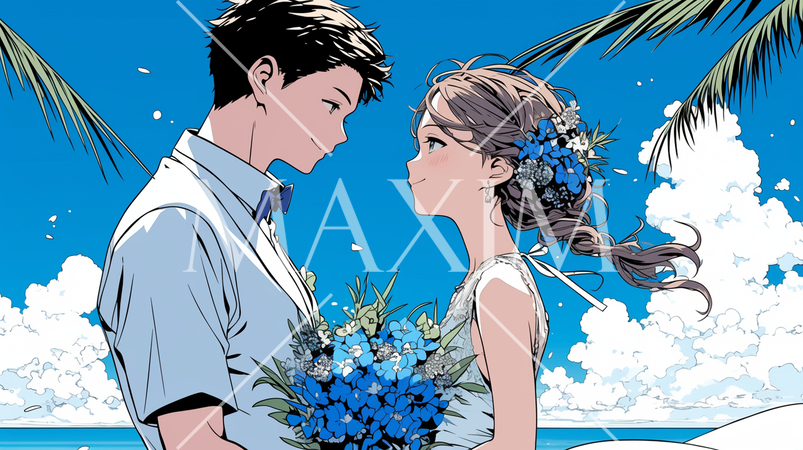 海辺で結婚式を挙げている若い男女