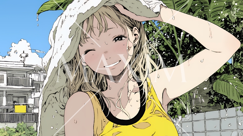 強烈な日差しでヘトヘト状態の女性（シンプルな色使い）