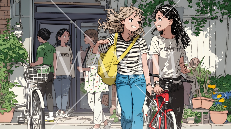 道端で会話を楽しむ若い主婦たち（ママ友たち）