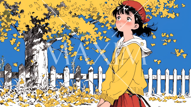 水辺の紅葉の小径を散策している若い女性