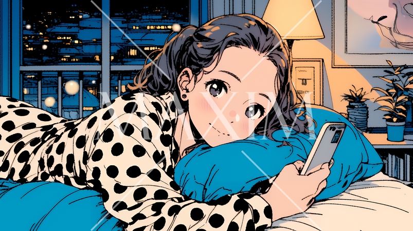 ベッドに横になってスマートフォンをいじくっている若い女性