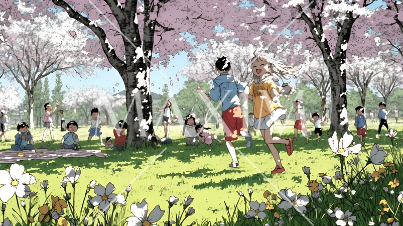 満開の桜の木の下で遊ぶ子供たち