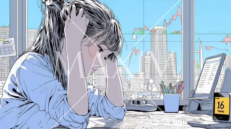 金融市場の急激な変動で頭を抱えている女性