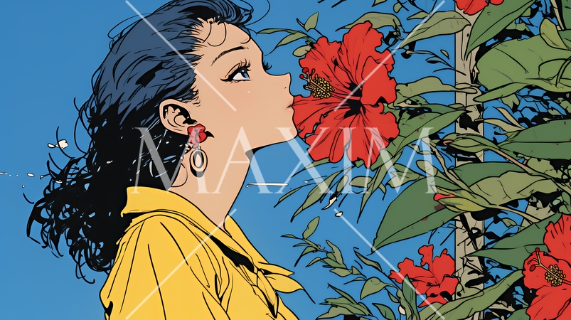 ハイビスカスと若い女性