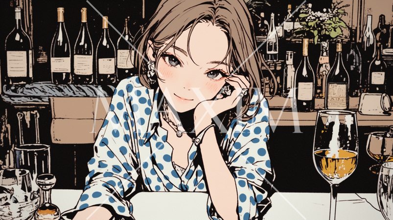 ワインを飲んでいる若い女性：バーカウンターで