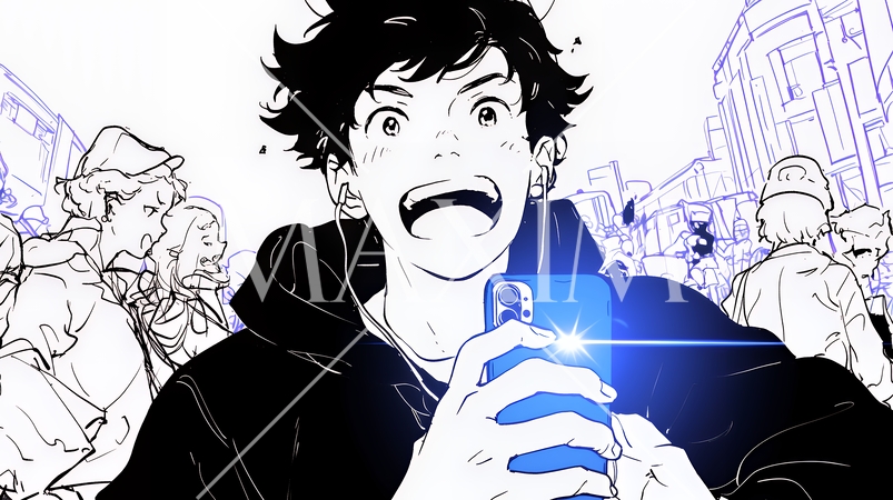 スマホの画面を見て驚いている若い男性（シンプルな色使い）