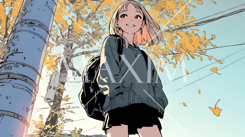 街の木々の紅葉と若い女性