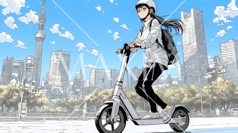 特定小型原付で都会を移動するビジネスパーソン