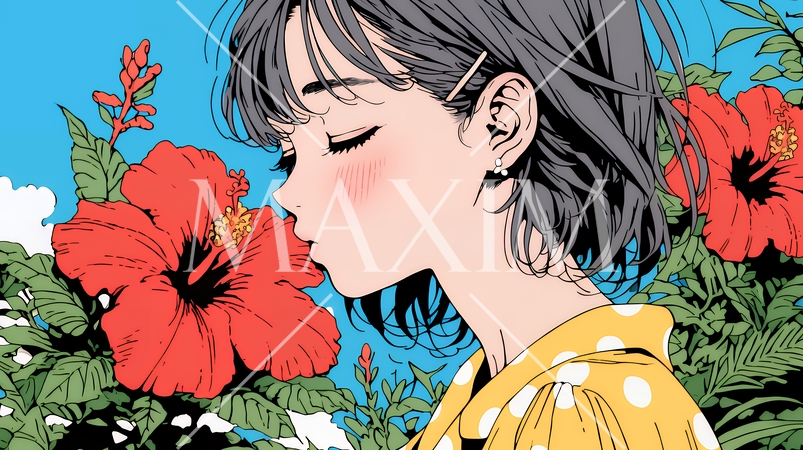 ハイビスカスと若い女性