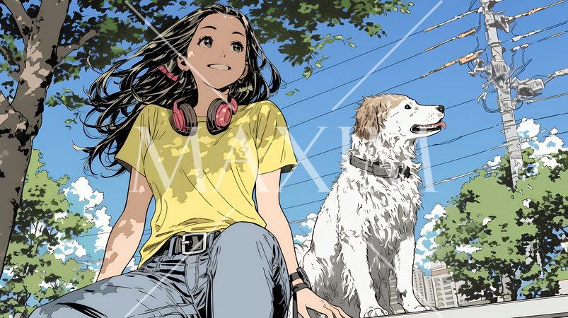 愛犬と散歩している若い女性