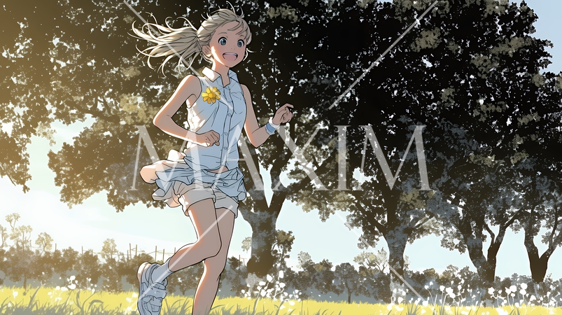 喜びにあふれ、軽やかにスキップする若い女性