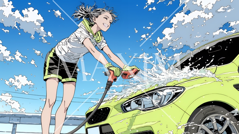 晴れた日に洗車をする若い女性｜青空と水しぶきの爽やかなライフスタイルシーン