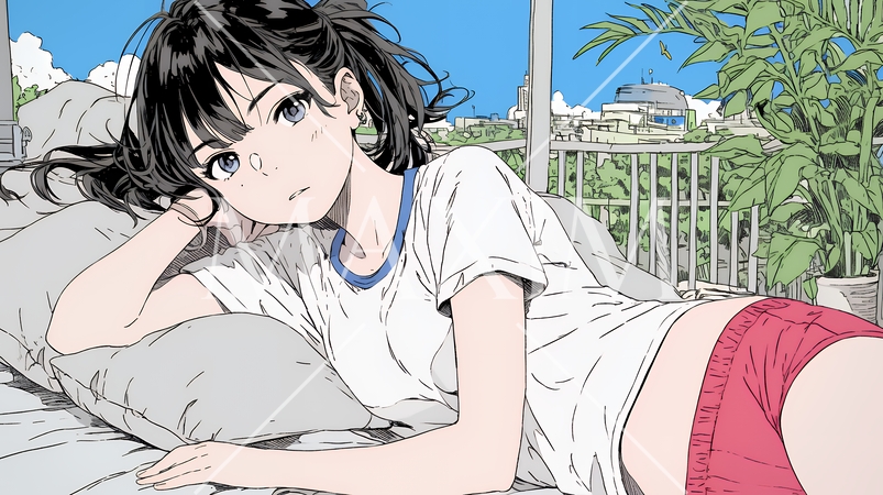 下着姿でくつろいでいる若い女性