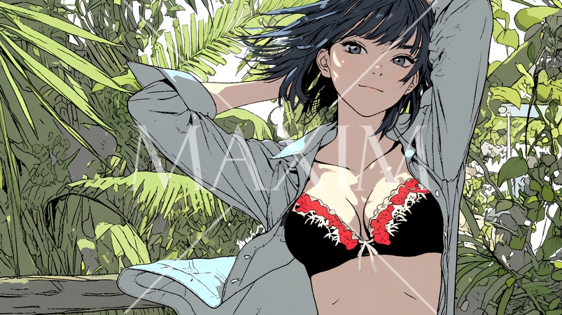 山原の森のホテルのベランダにいる下着姿の若い女性