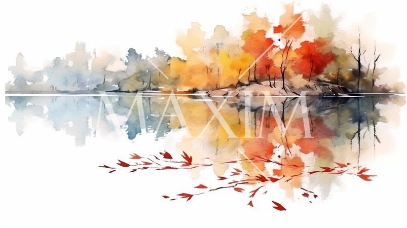 水面から見た紅葉：水彩画