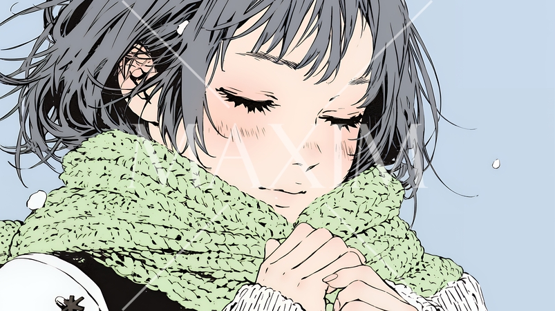 かじかんだ手に息を吹きかけて温めている若い女性