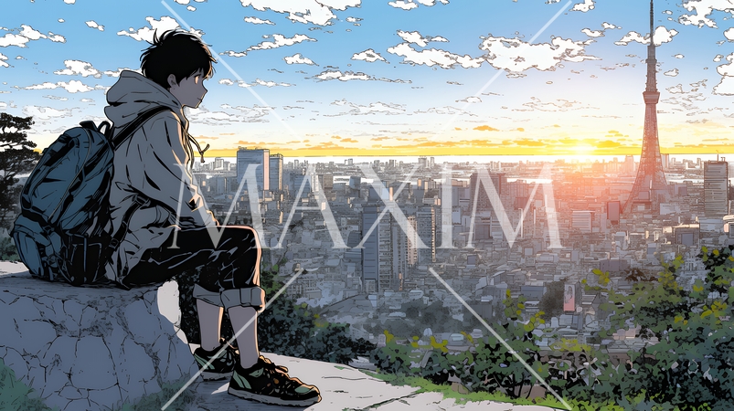 大都会の日没（日の出）とランドスケープを眺めている若い男性