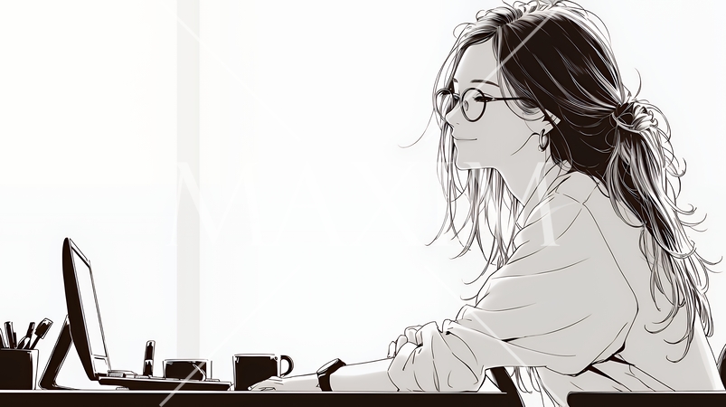 職場のデスクでパソコンに向かって仕事をしているビジネスウーマン（シンプルな色使い）