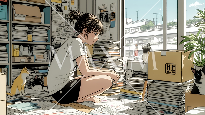 家の中（事務所）を大々的に整理している女性：断捨離