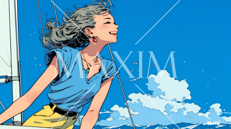 ヨットに乗っている若い女性