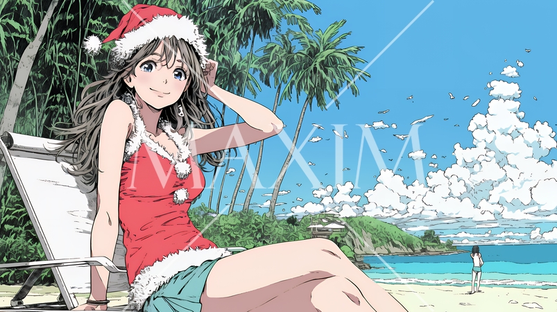 真夏（南半球）のビーチで活動中の女性のサンタクロース