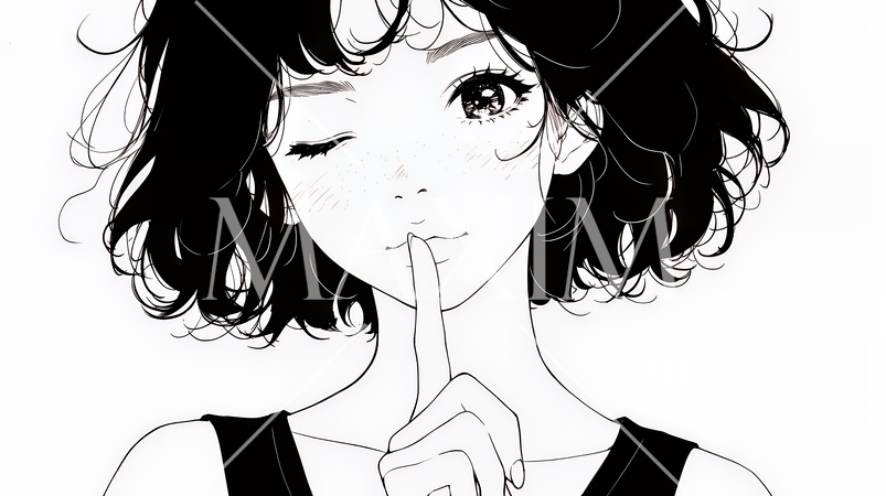 指を唇に当てて「シーShh」というジェスチャーをしている女性（シンプルな色使い）