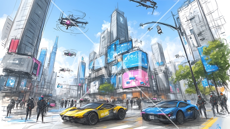 無数のドローンが飛び交うAIにより支配された近未来の都市
