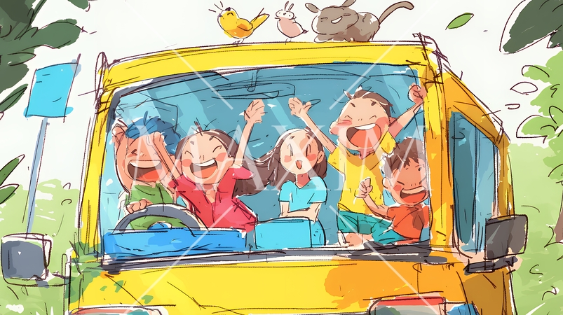 小学生の夏の思い出：ドライブ（クレヨン＋水彩画風）