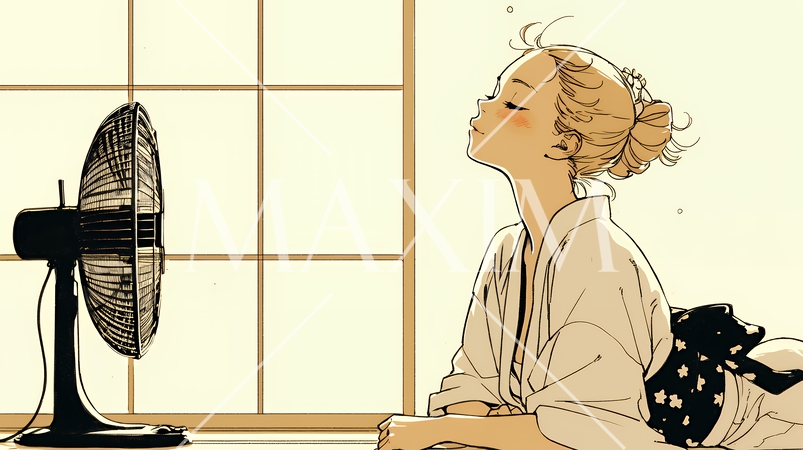 暑い夏の昼下がり、扇風機にあたって涼んでいる若い女性（シンプルな色使い）
