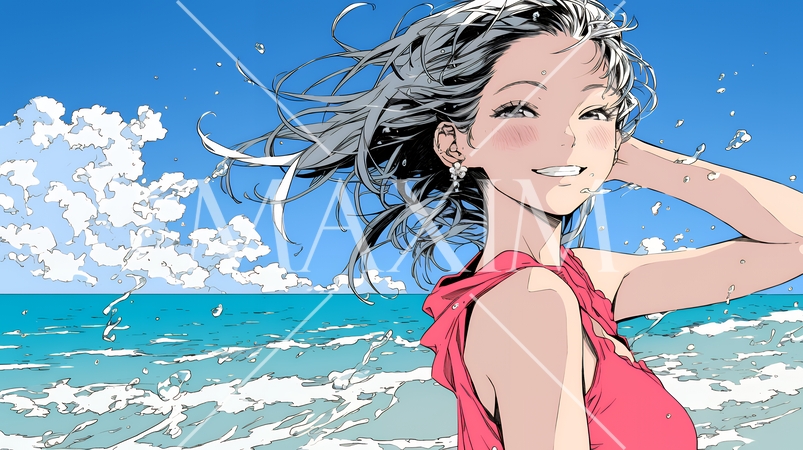 夏の南国の海辺を一人で旅行中の若い女性