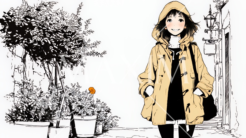 夏の急な雨をレインコートで歩く若い女性（シンプルな色使い）