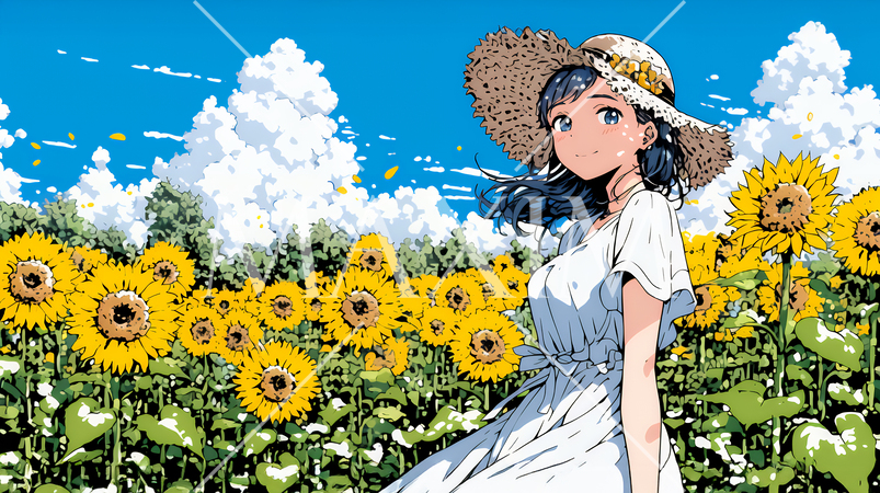 真夏の青空のもと、ヒマワリ畑を散策している若い女性