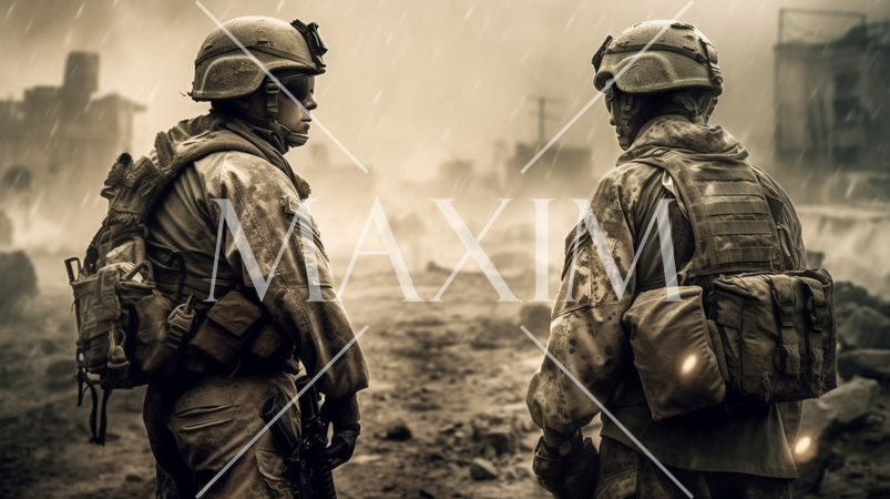 戦争最前線の地上戦部隊：セピア写実的描画