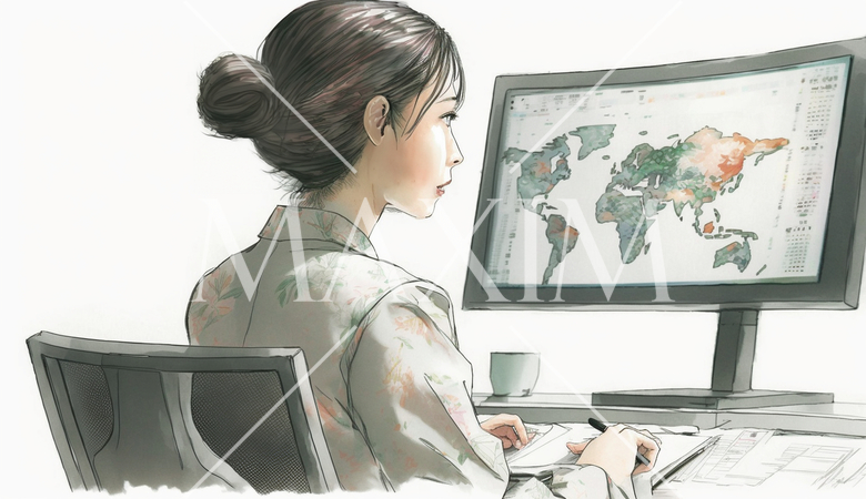 デスクに向かって取引画面を操作する女性トレーダーの横顔。