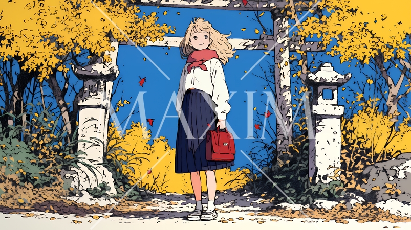 紅葉の小径を歩く若い女性