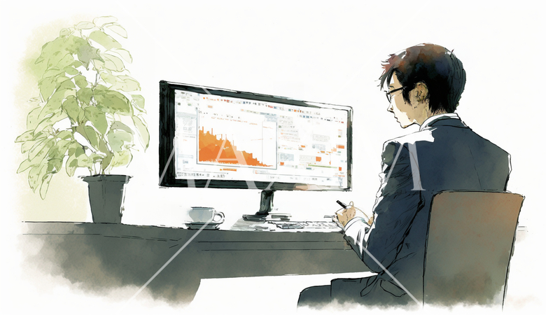デスクに向かって取引画面を操作する男性トレーダーの横顔。