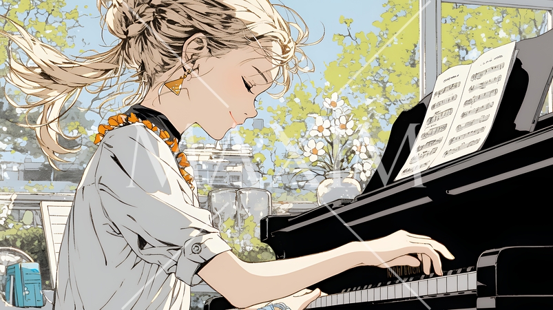 ピアノを弾いている若い女性