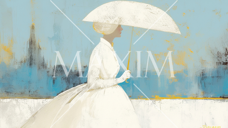 日傘を差す女性：レトロな油絵風