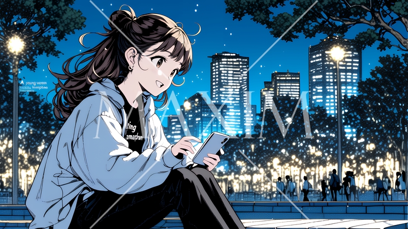 外出中にスマートフォンをいじくっている若い女性