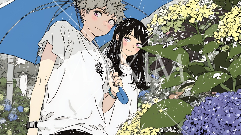 満開のあじさいの中を仲良く相合い傘で歩く若いカップル