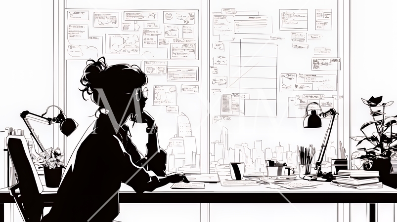 綿密なビジネス戦略を練っている女性（シンプルな色使い）