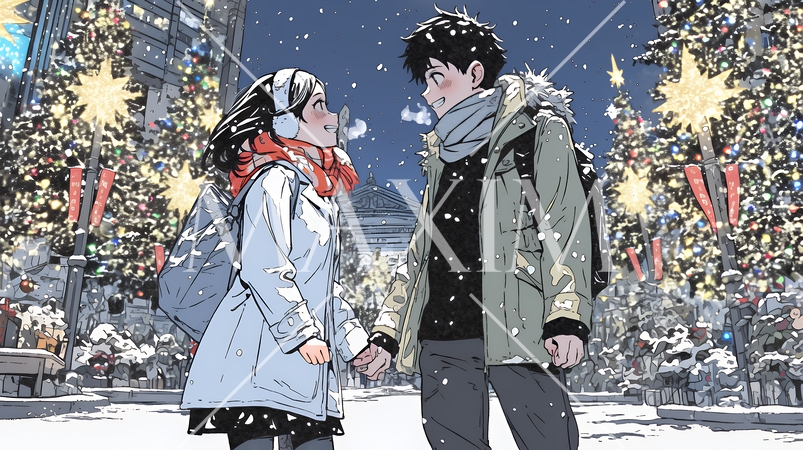 クリスマスのデートを楽しんでいる若いカップル