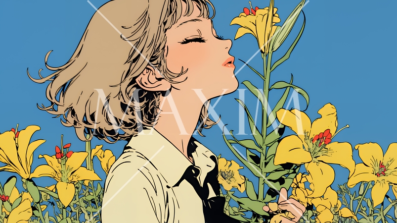 ユリの花と若い女性