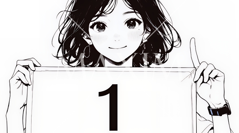数字の「1」を掲げている若い女性（シンプルな色使い）