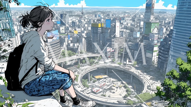 都市のランドスケープを眺めている若い女性