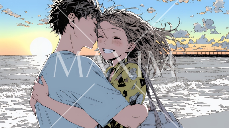 夕方の海辺でハグする（抱き合う）若い恋人たち