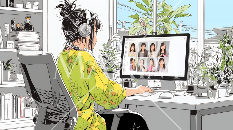 自宅からオンライン会議・授業に参加している女性