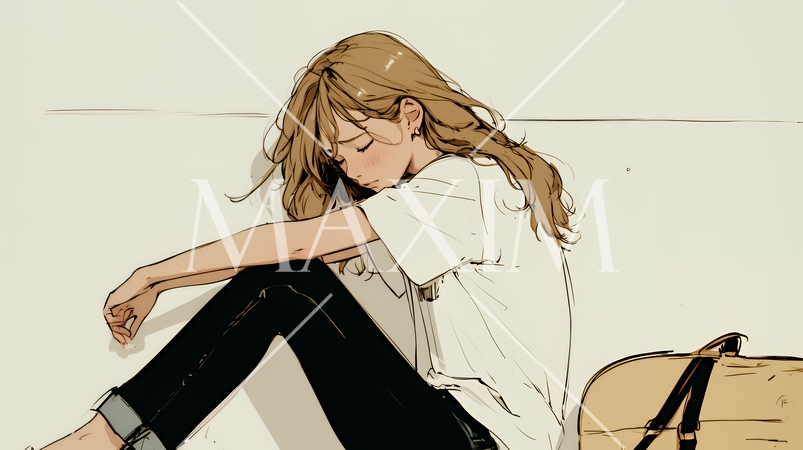 腹痛（生理痛）に苦しむ若い女性（シンプルな色使い）