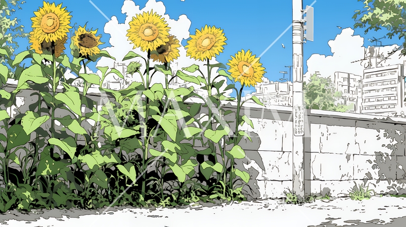 満開のひまわりと真夏の青空